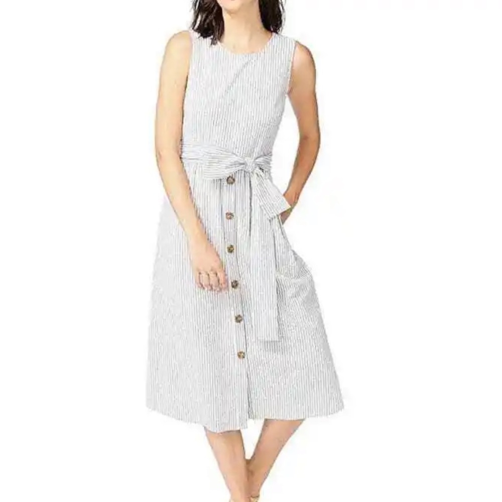 NWT Court & Rowe Sz 0 Sleeveless Seersucker Tie Waist Stripe Cotton Blend Dress